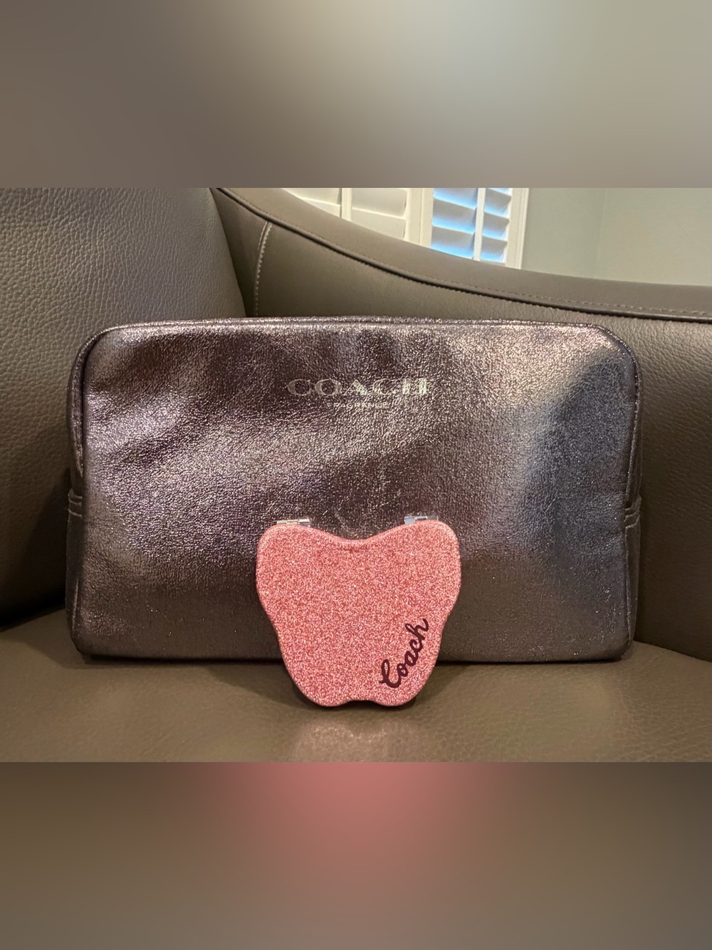 Coach Pink Glitter Butterfly Compact Mirror with Coach Glitter Fragrance Pouch